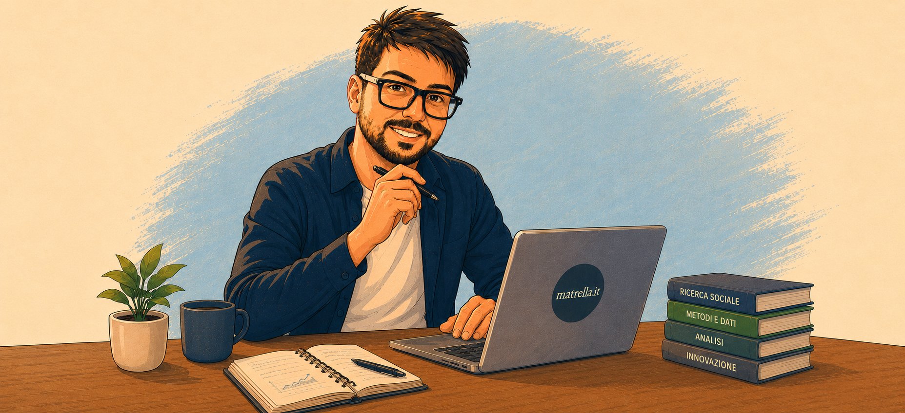 Illustrazione di Alfredo Matrella al lavoro su ricerca sociale, metodi e dati